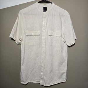 H&M Men's Linen Blend Grandad Collar Button Up Light Beige Shortsleeve Small